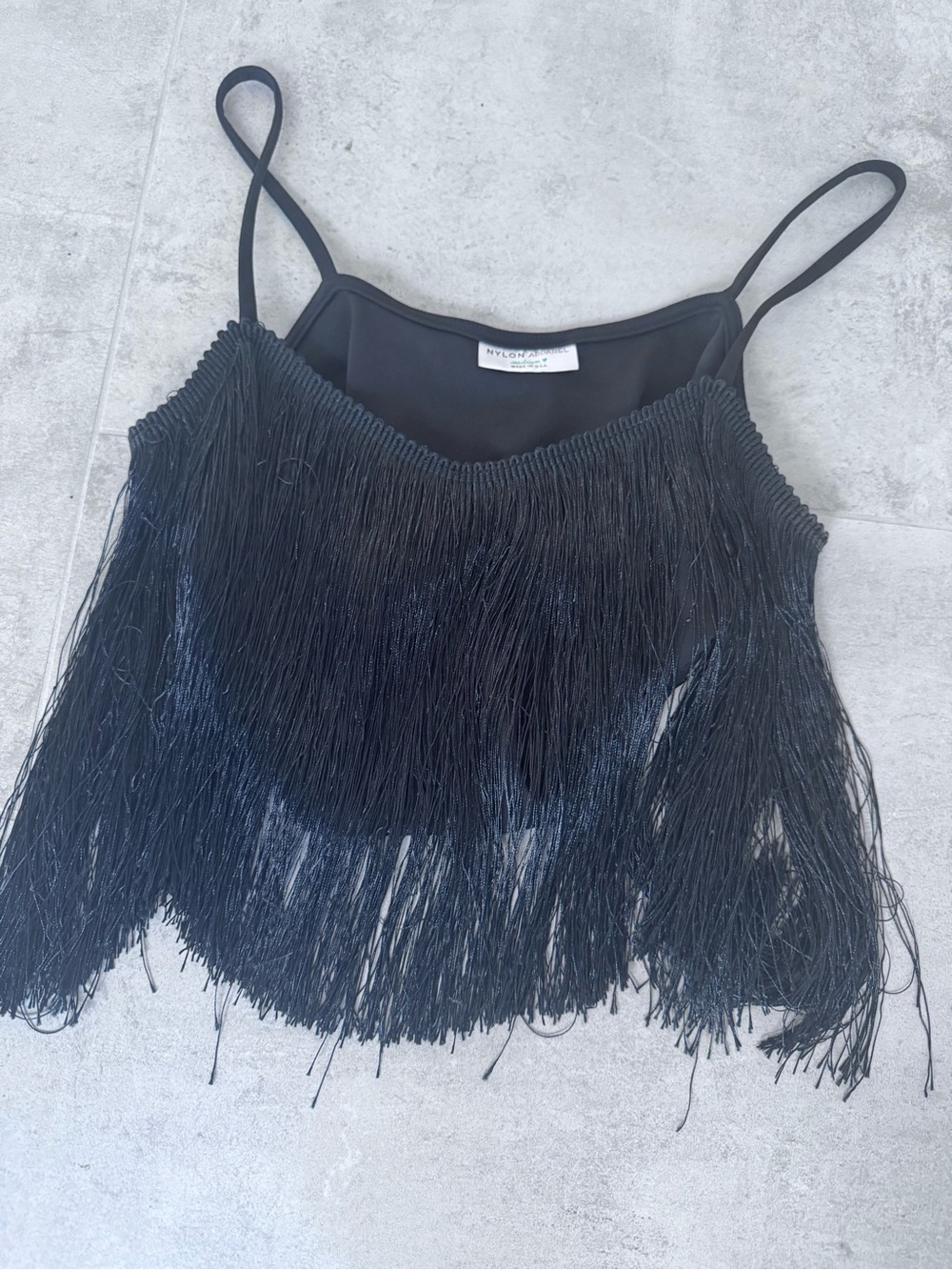 Nylon Fringe Spaghetti Strap Crop Top - Black